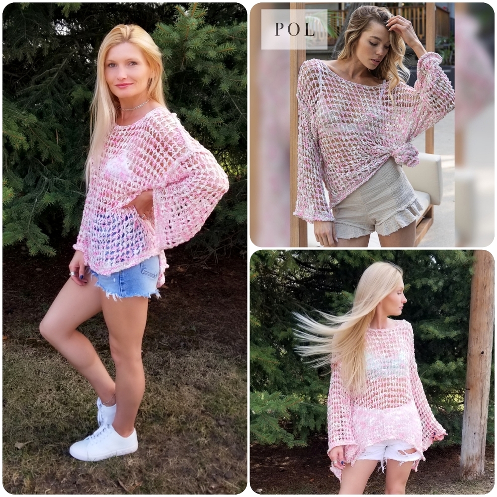 NWT POL Open Knit Crochet Sweater in Pink Combo